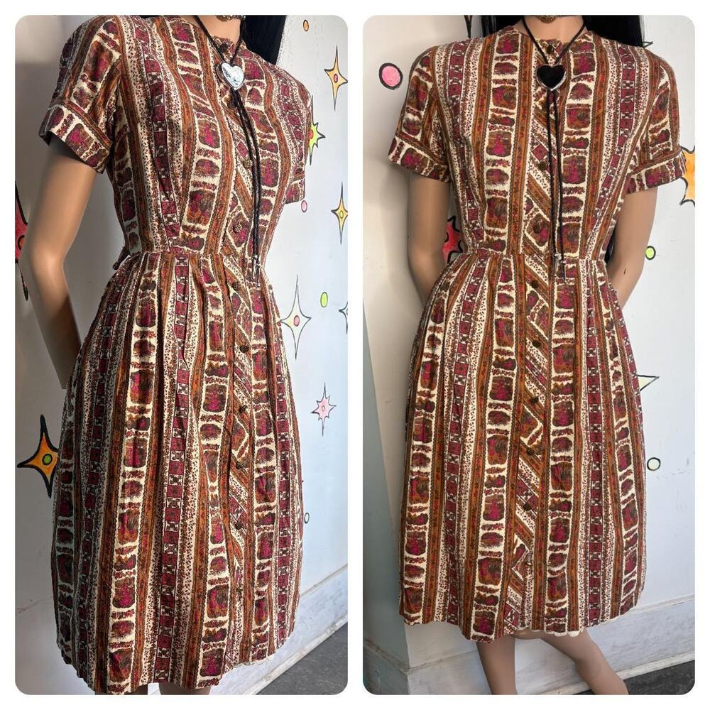 Vintage 50s Art Print Red Mustard Mid Century Fit & Flare Cotton Day Dress - M